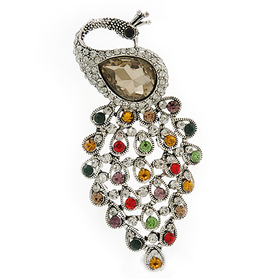 Vintage Inspired Multicoloured Swarovski Crystal 'Peacock' Brooch In Silver Tone - 63mm Length