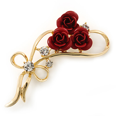 55mm Length Avalaya Pink Crystal Double Flower Brooch in Gold Plating