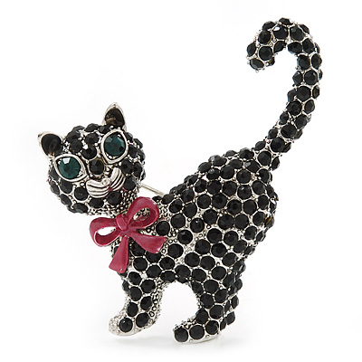Jet Black Swarovski Crystal 'Cat With Pink Bow' Brooch In Rhodium Plating - 45mm Width - main view