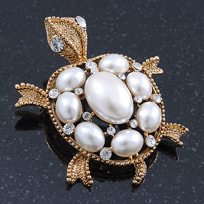Vintage Inspired Simulated Pearl, Crystal 'Turtle' Brooch In Gold Plating - 60mm Length - main view