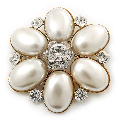 Bridal Vintage Inspired Simulated Pearl, Crystal 'Flower' Brooch In Gold Plating - 50mm Diameter - main view