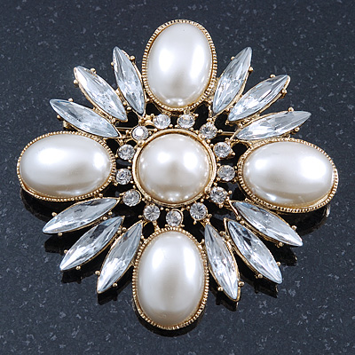Bridal Vintage Inspired Clear Crystal, White Simulated Pearl Square Brooch In Gold Plating - 60mm Across - main view
