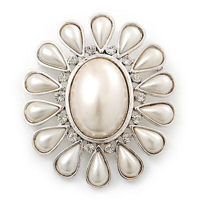 Vintage Inspired Rhodium Plated Simulated Pearl, Crystal Oval Brooch - 55mm Across - main view