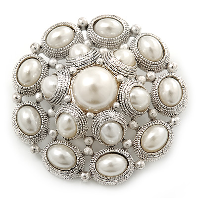 Bridal Vintage Inspired White Simulated Pearl 'Dome' Brooch In Silver Plating - 47mm Diameter