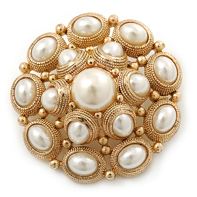 Bridal Vintage Inspired White Simulated Pearl 'Dome' Brooch In Gold Plating - 47mm Diameter - main view