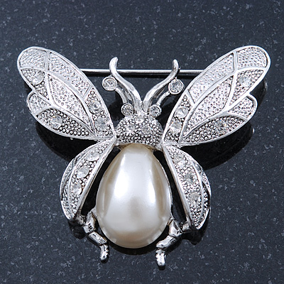 Vintage Inspired Crystal, Simulated Pearl 'Bumble Bee' Brooch In Silver Plating - 60mm Across - main view