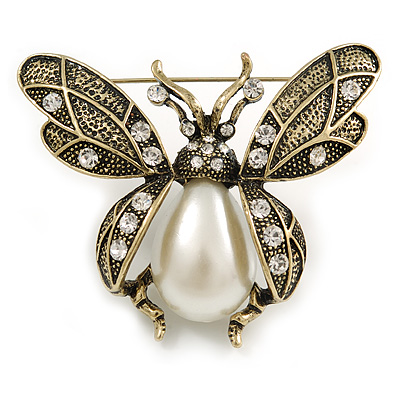 Vintage Inspired Crystal, Simulated Pearl 'Bumble Bee' Brooch In Antique Gold Tone - 60mm Across