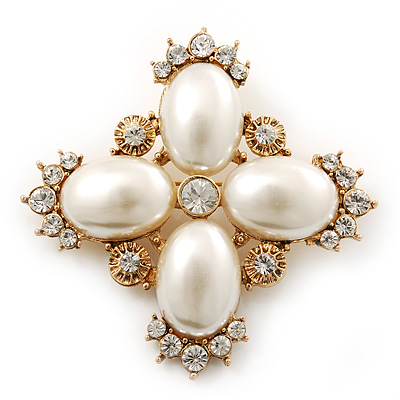 Vintage Inspired Small Simulated Pearl, Diamante 'Cross' Brooch In Gold Plating - 55mm Across - main view