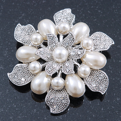 Vintage Inspired Swarovski Crystal White Simulated Pearl 'Flower' Brooch In Rhodium Plating - 55mm Diameter - main view