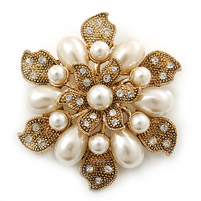 Vintage Inspired Swarovski Crystal White Simulated Pearl 'Flower' Brooch In Gold Plating - 55mm Diameter - main view