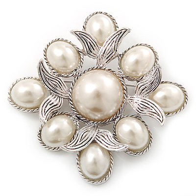 Vintage Inspired White Simulated Pearl Square Brooch In Silver Plating - 45mm Across - main view