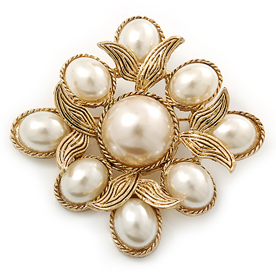 Vintage Inspired White Simulated Pearl Square Brooch In Gold Plating - 45mm Across - main view