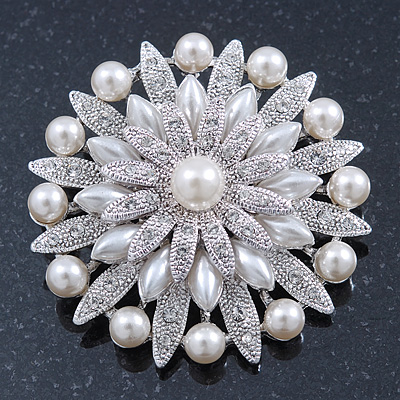 Bridal Vintage Inspired White Simulated Pearl, Austrian Crystal Layered Floral Brooch In Rhoduim Plating - 50mm Diameter - main view