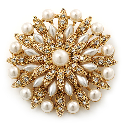 Bridal Vintage Inspired White Simulated Pearl, Austrian Crystal Layered Floral Brooch In Gold Plating - 50mm Diameter - main view