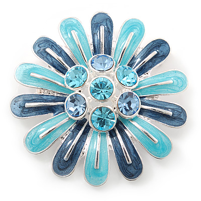 Blue Enamel Diamante 'Daisy' Floral Brooch In Rhodium Plating - 50mm Diameter - main view