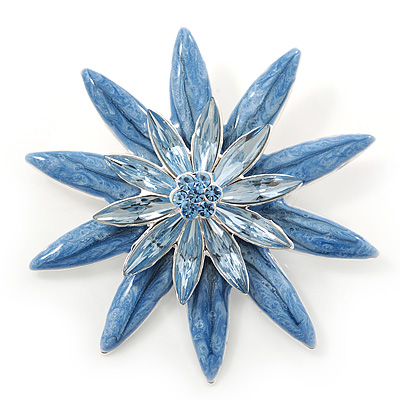 Light Blue Enamel Flower Brooch In Silver Plating - 60mm Diameter - main view