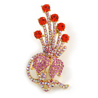Orange Red, Pink, AB Austrian Crystal Floral Brooch In Bright Gold Metal - 65mm Length - main view