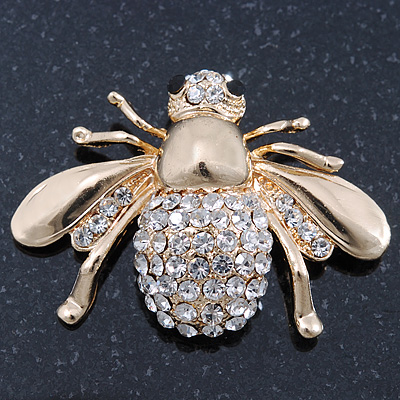 Dazzling Diamante 'Bee' Brooch In Polished Gold Tone Metal - 50mm Width - main view