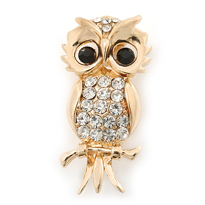 Gold Plated Crystal 'Owl' Brooch - 40mm Length - main view
