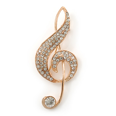 Gold Plated Diamante 'Treble Clef' Brooch - 57mm Length - main view
