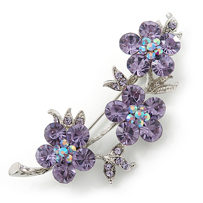 Light Purple Crystal Floral Brooch In Rhodium Plating - 55mm Length - main view