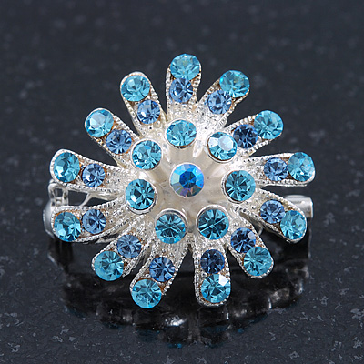 Small Light Blue Diamante Cluster Floral Brooch In Rhodium Plating - 25mm Width - main view