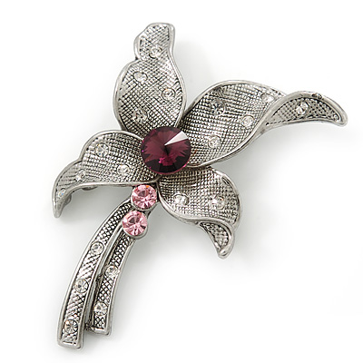 Vintage Inspired Textured Diamante Flower Brooch In Antique Silver Tone - 55mm Length - main view