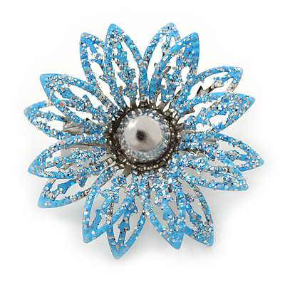 Small 3D Glittering Light Blue Flower Brooch In Silver Tone - 30mm Diameter - main view