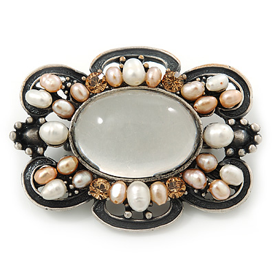Vintage Inspired Light Grey Glass, Freshwater Pearl Oval Brooch In Antique Silver Tone - 48mm Width - main view