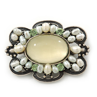 Vintage Inspired Pale Green Glass, Freshwater Pearl Oval Brooch In Antique Silver Tone - 48mm Width - main view