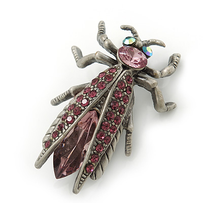 Vintage Inspired Purple Diamante 'Fly' Brooch In Antique Silver Tone - 35mm Length - main view