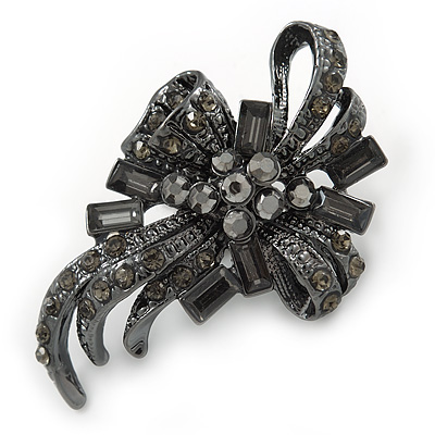 Vintage Inspired Hematite Crystal Fancy 'Ribbon' Brooch In Gun Metal - 45mm Length - main view