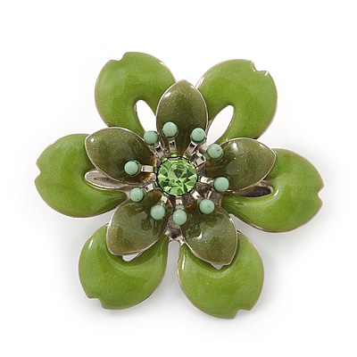 Small Grass Green 'Flower' Brooch In Silver Tone - 30mm Diameter - main view