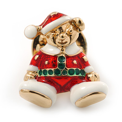 Tiny Christmas Teddy Bear Pin Brooch In Gold Plating - 20mm Length - main view