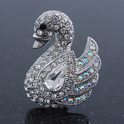 Pave Set Clear, AB Austrian Crystal Graceful 'Swan' Brooch In Rhodium Plating - 35mm Length