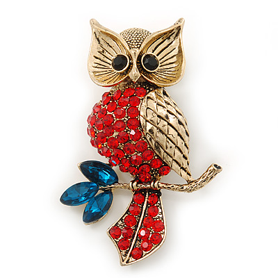 Hootin Red/ Teal Crystal Owl Brooch In Antique Gold Metal - 58mm Length