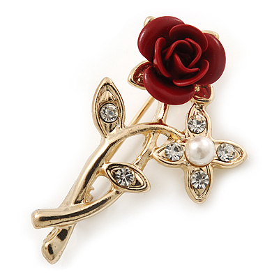 Classic Red Rose With Simulated Pearl Brooch In Gold Plating - 35mm Across - main view