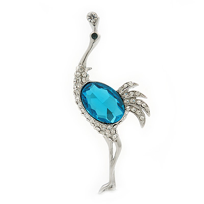 Rhodium Plated Teal, Clear Crystal 'Ostrich' Brooch - 70mm Length - main view