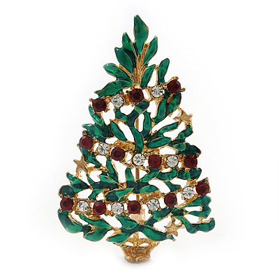 Vintage Inspired Holly Jolly Christmas Tree Brooch In Gold Plating - 55mm Length - main view