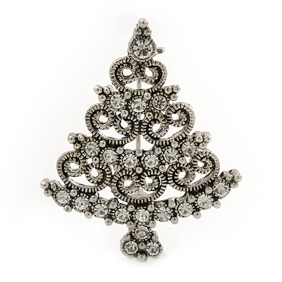 Vintage Inspired Holly Jolly Christmas Tree Brooch In Antique Silver Plating - 40mm Length - main view