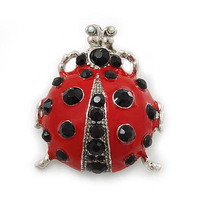 Funky Red Enamel Black Crystal 'Ladybug' Brooch In Silver Plating - 40mm Length