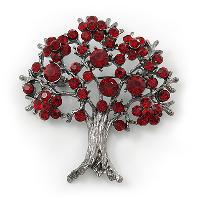 Burgundy Red Crystal 'Tree Of Life' Brooch In Gun Metal Finish - 52mm Length - main view
