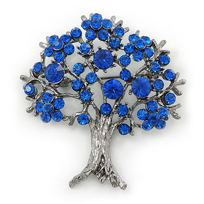 Sapphire Blue Coloured Crystal 'Tree Of Life' Brooch In Gun Metal Finish - 52mm Length