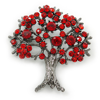 Siam Red Crystal 'Tree Of Life' Brooch In Gun Metal Finish - 52mm Length - main view