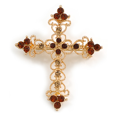 Victorian Style Diamante, Filigree 'Cross' Brooch In Gold Plating - 57mm Length