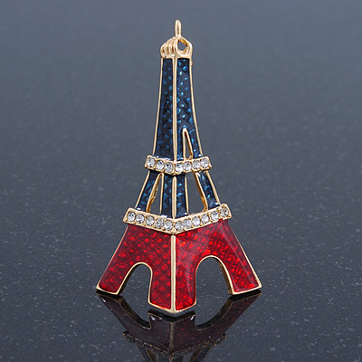 Dark Blue, Red Crystal 'Eiffel Tower' Brooch In Gold Plating - 60mm Length - main view