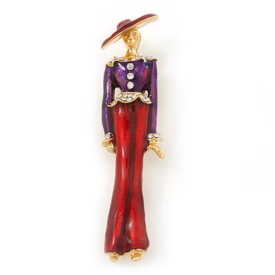 Elegant Lady Enamel Diamante Brooch In Gold Plating (Violet, Red) - 65mm Length - main view