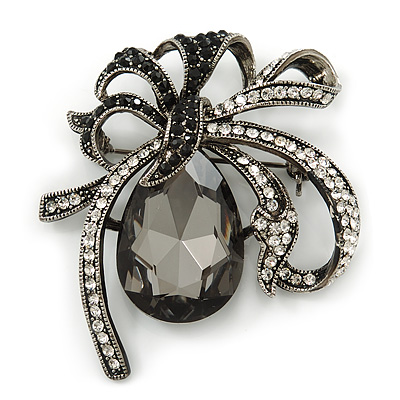 Victorian Style Black, Clear Swarovski Crystal 'Bow' Brooch In Gun Metal - 50mm Across - main view