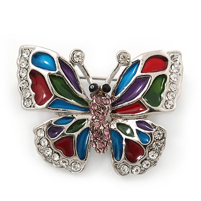 Charming Multicoloured Enamel, Crystal 'Butterfly' Brooch In Rhodium Plating - 40mm Width