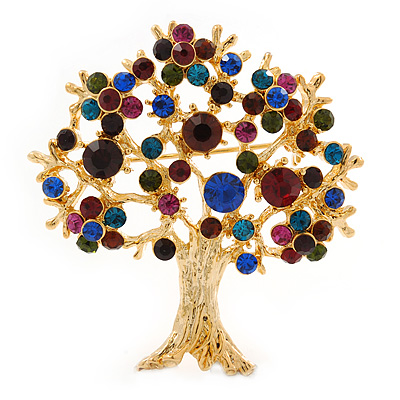 Multicoloured Crystal 'Tree Of Life' Brooch In Gold Plated Metal - 52mm L - main view